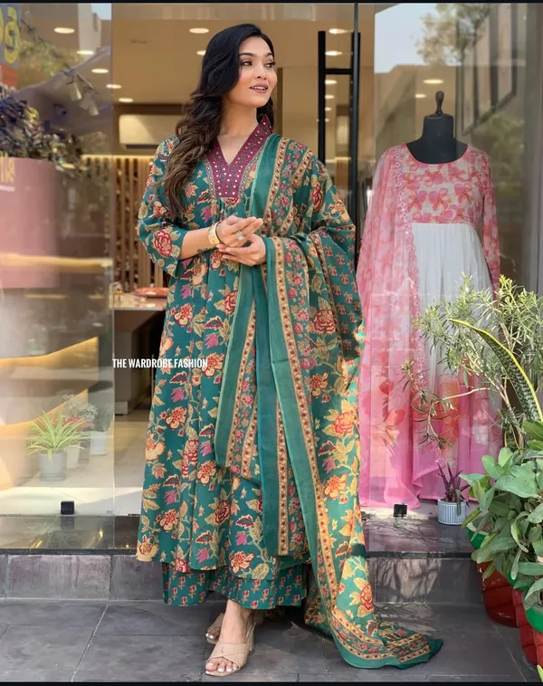 Green_Cotton_Anarkali_Kurta_With_Pant_&_Dupatta_Set_For_Women
