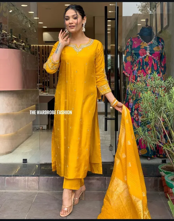 Yellow_Maslin_Kurti_Pant_&_Dupatta_Set_For_Women