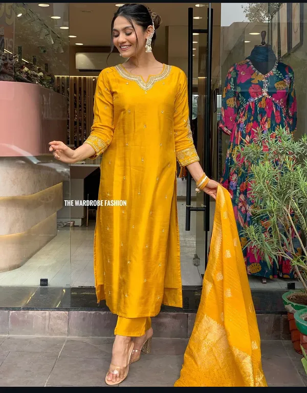 Yellow_Maslin_Kurti_Pant_&_Dupatta_Set_For_Women