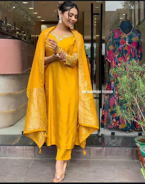 Yellow_Maslin_Kurti_Pant_&_Dupatta_Set_For_Women