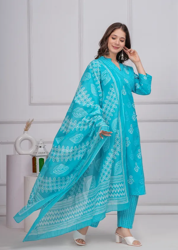 Aqua_Blue_Cotton_Angrakha_Kurti_With_Pant_&_Dupatta_Set_For_Women