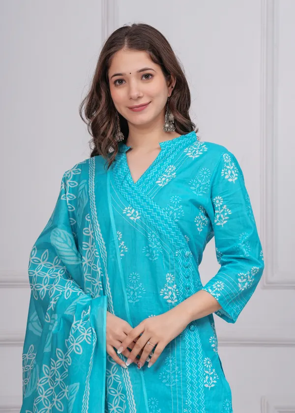 Aqua_Blue_Cotton_Angrakha_Kurti_With_Pant_&_Dupatta_Set_For_Women