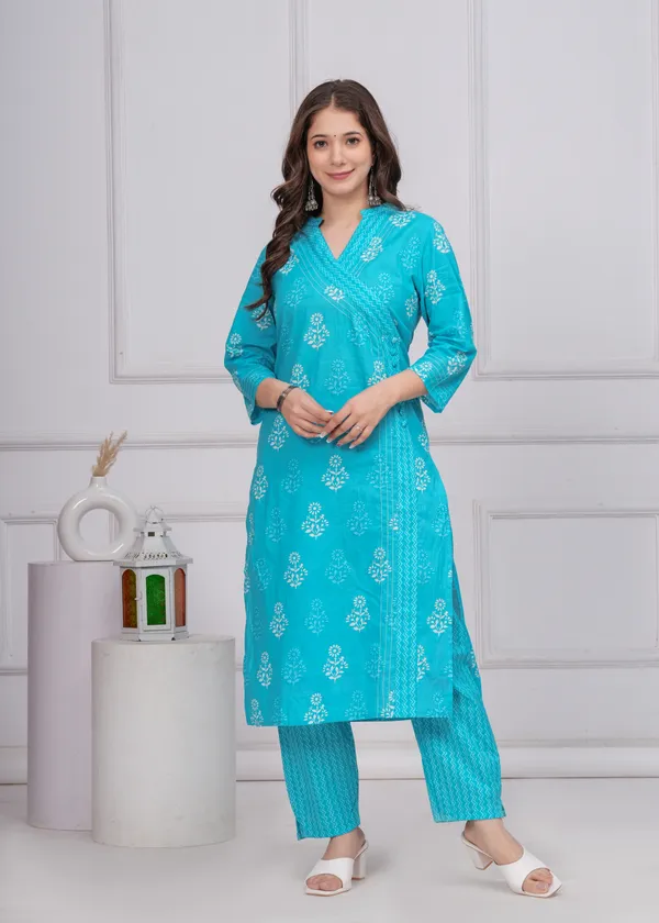 Aqua_Blue_Cotton_Angrakha_Kurti_With_Pant_&_Dupatta_Set_For_Women