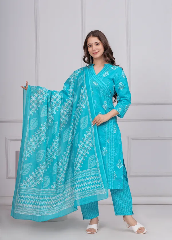 Aqua_Blue_Cotton_Angrakha_Kurti_With_Pant_&_Dupatta_Set_For_Women