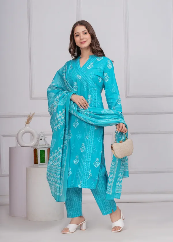 Aqua_Blue_Cotton_Angrakha_Kurti_With_Pant_&_Dupatta_Set_For_Women