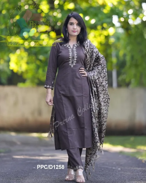 Brown_Cotton_Slub_Kurti_With_Pant_&_Dupatta_Set_For_Women