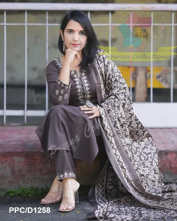 Brown_Cotton_Slub_Kurti_With_Pant_&_Dupatta_Set_For_Women