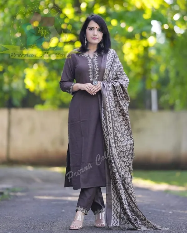 Brown_Cotton_Slub_Kurti_With_Pant_&_Dupatta_Set_For_Women