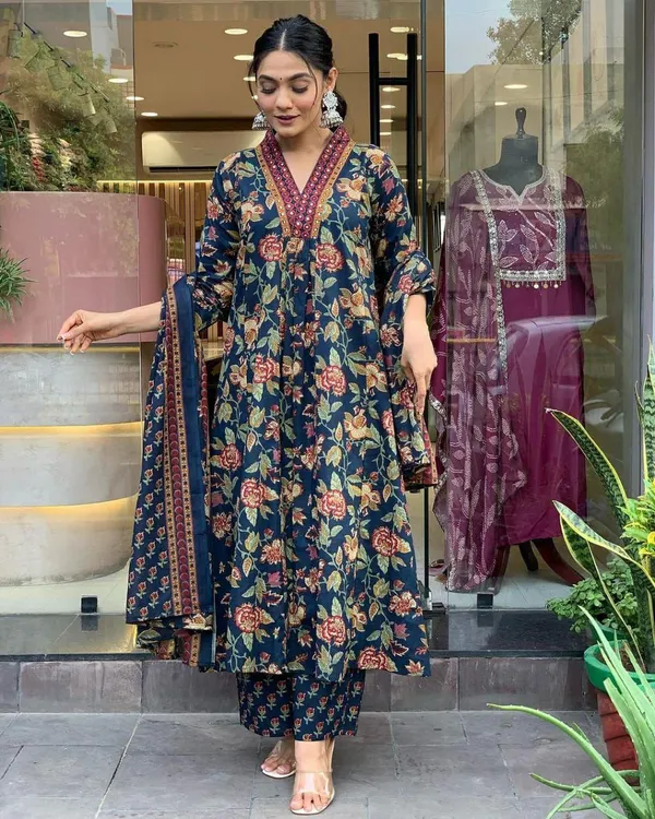Blue_Cotton_Anarkali_Kurta_With_Pant_&_Dupatta_Set_For_Women
