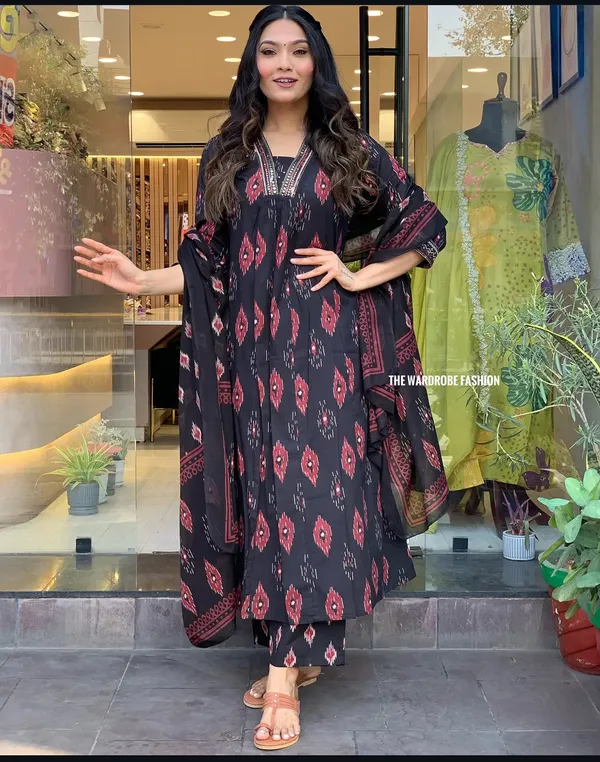 Black_Cotton_Anarkali_Kurta_With_Pant_&_Dupatta_Set_For_Women