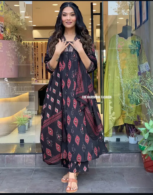 Black_Cotton_Anarkali_Kurta_With_Pant_&_Dupatta_Set_For_Women
