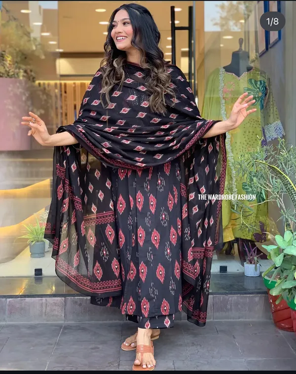 Black_Cotton_Anarkali_Kurta_With_Pant_&_Dupatta_Set_For_Women