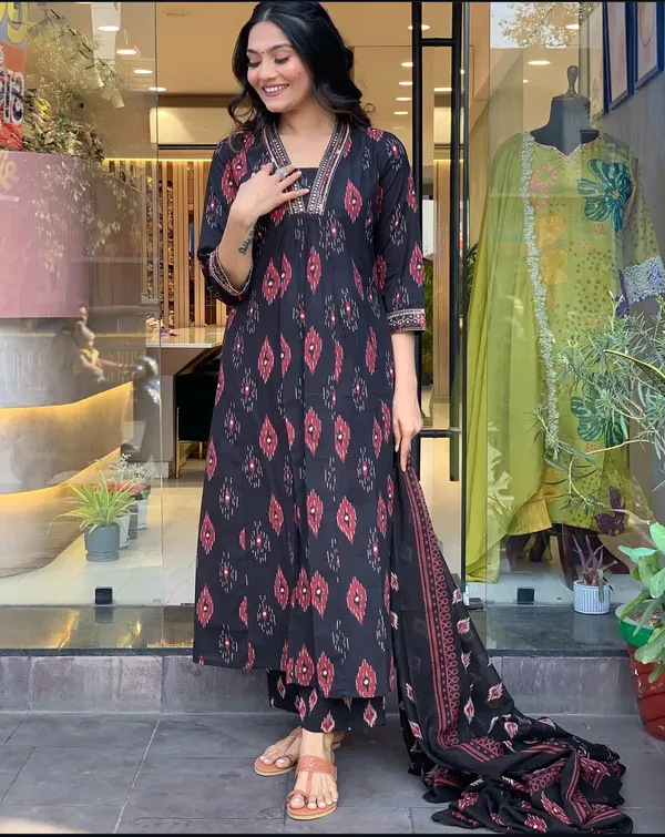 Black_Cotton_Anarkali_Kurta_With_Pant_&_Dupatta_Set_For_Women