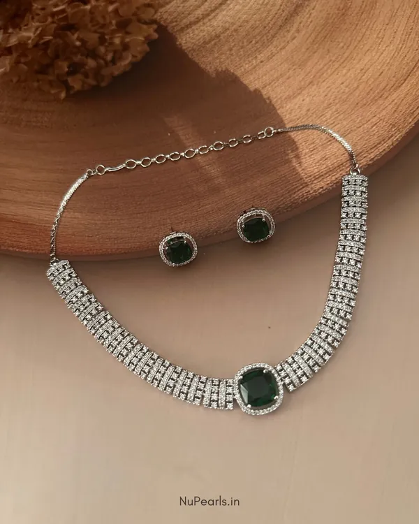 Dark_Green_Liba_Choker_Necklace_|_Rhodium_Plated_CZ_Studded_Jewellery_Set_For_Women