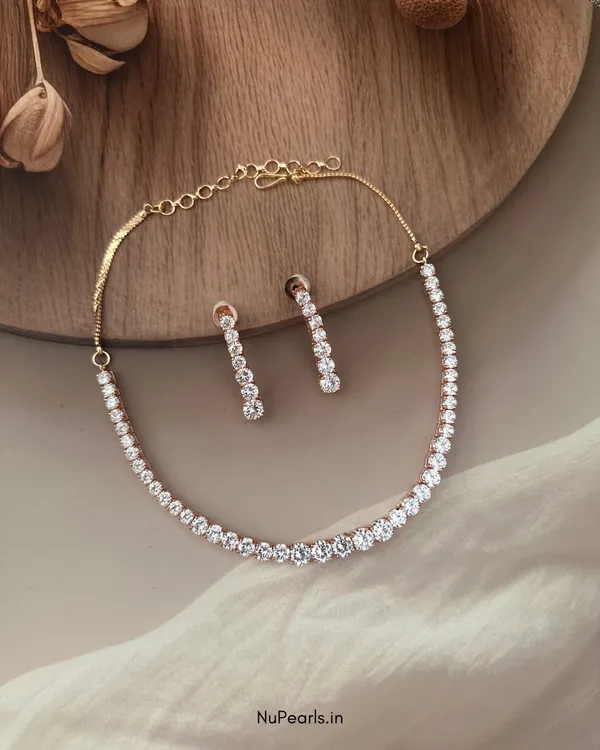 Rose_Gold_CZ_Tennis_Solitaire_Necklace|_18K_Rose_Gold_Plated_Party_Jewellery_Set