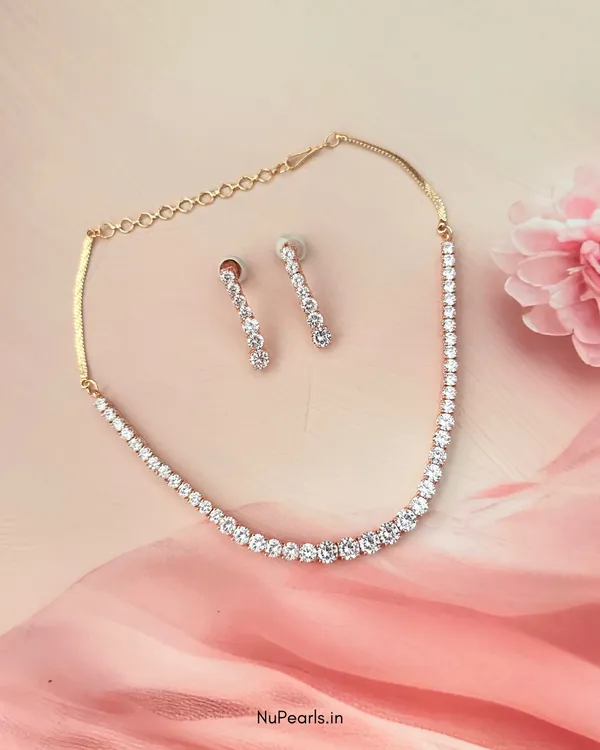 Rose_Gold_CZ_Tennis_Solitaire_Necklace|_18K_Rose_Gold_Plated_Party_Jewellery_Set