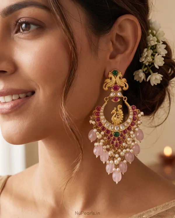 Red-Pink_Mayur_Kundan_Pota_Chandbalis_|18K_Gold_Plated_Earrings_For_Festivals_&_Weddings