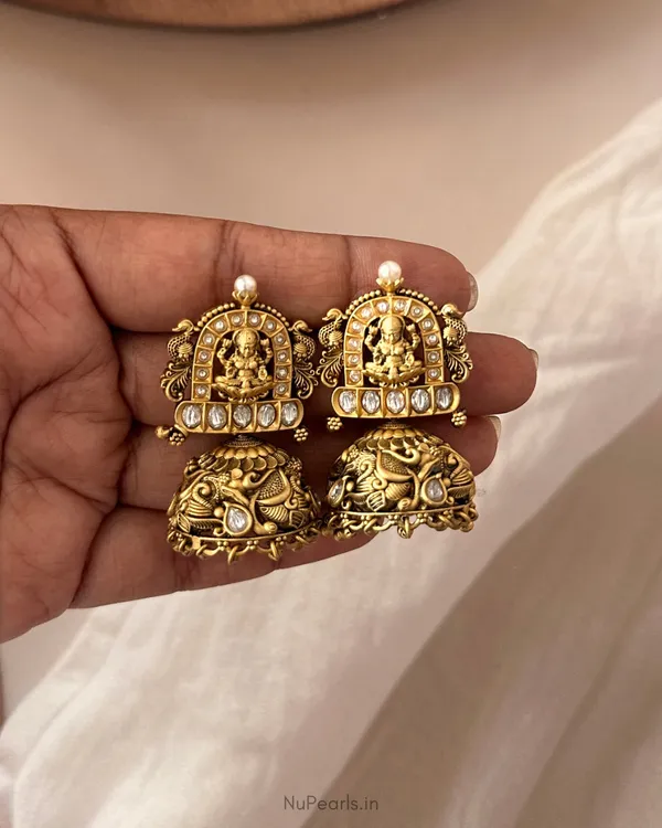 White_Ragini_Temple_Lakshmi_Antique_Gold_Jhumka_Earrings