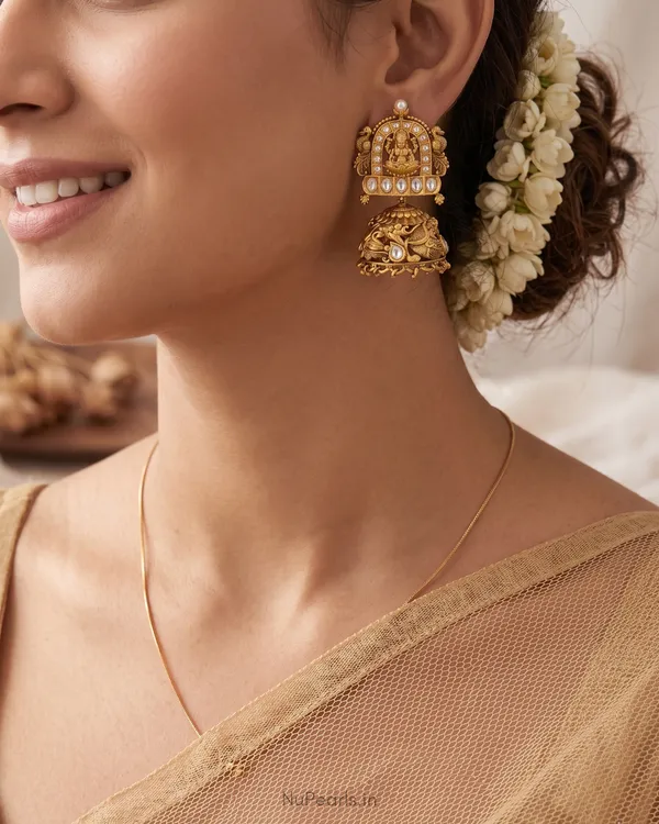 White_Ragini_Temple_Lakshmi_Antique_Gold_Jhumka_Earrings
