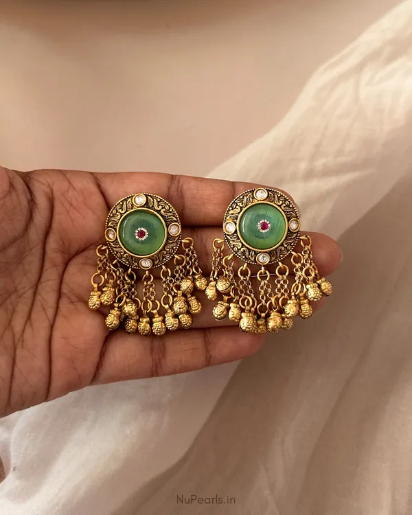 Rajwadi_Antique_Gold_Mint_Green_Stone_Earrings_with_Ghungroo_|Antique_Gold_Finish