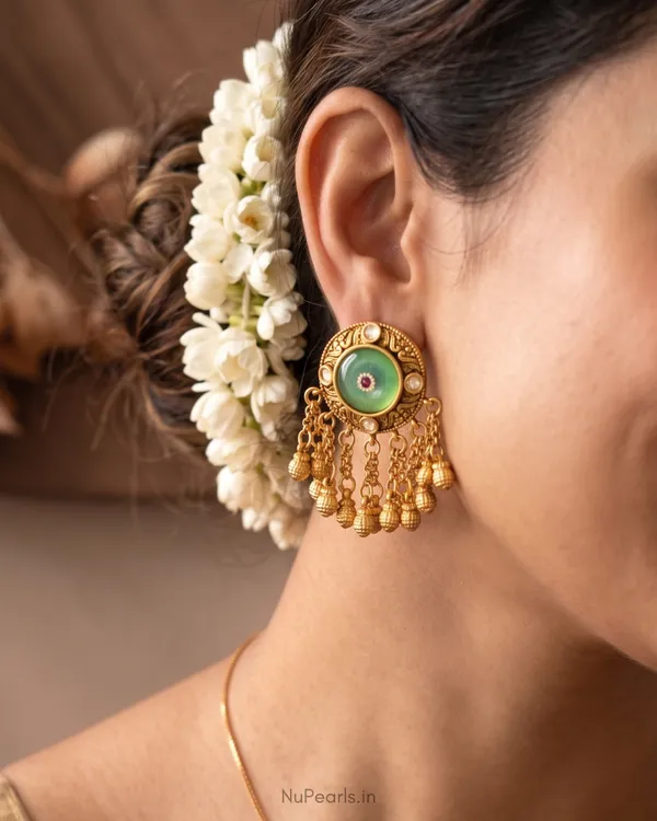 Rajwadi_Antique_Gold_Mint_Green_Stone_Earrings_with_Ghungroo_|Antique_Gold_Finish
