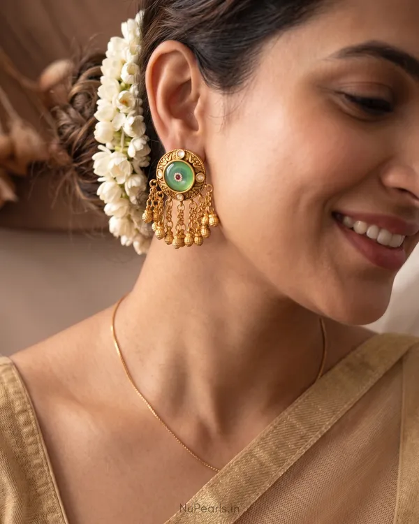 Rajwadi_Antique_Gold_Mint_Green_Stone_Earrings_with_Ghungroo_|Antique_Gold_Finish