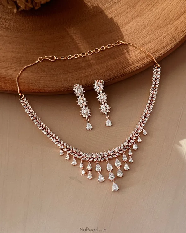 White_Raha_Necklace|18K_Rose_Gold_Plated_American_Diamond_Jewellery_Set_For_Women_With_Earrings