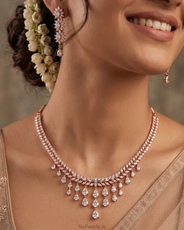 White_Raha_Necklace|18K_Rose_Gold_Plated_American_Diamond_Jewellery_Set_For_Women_With_Earrings