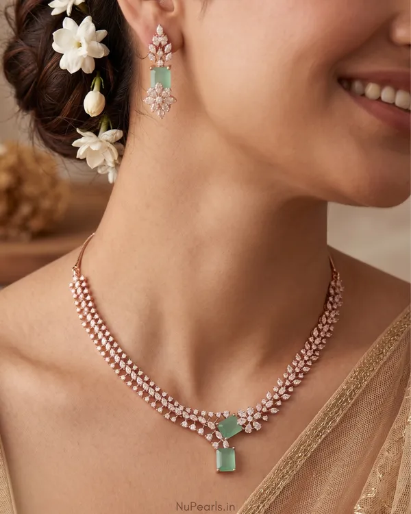 Mint_Green_Elena_Necklace|18K_Rose_Gold_Plated_American_Diamond_Jewellery_Set_For_Women_With_Earrings