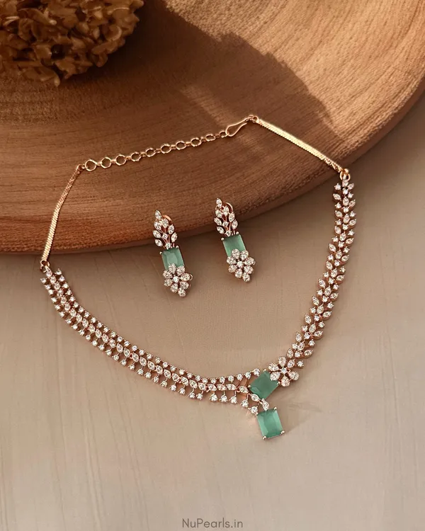 Mint_Green_Elena_Necklace|18K_Rose_Gold_Plated_American_Diamond_Jewellery_Set_For_Women_With_Earrings