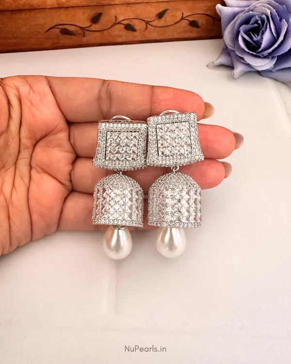 Silver_Remy_Princess_Cut_CZ_Jhumki_Earrings_With_Pearl_|_Rhodium_Plated