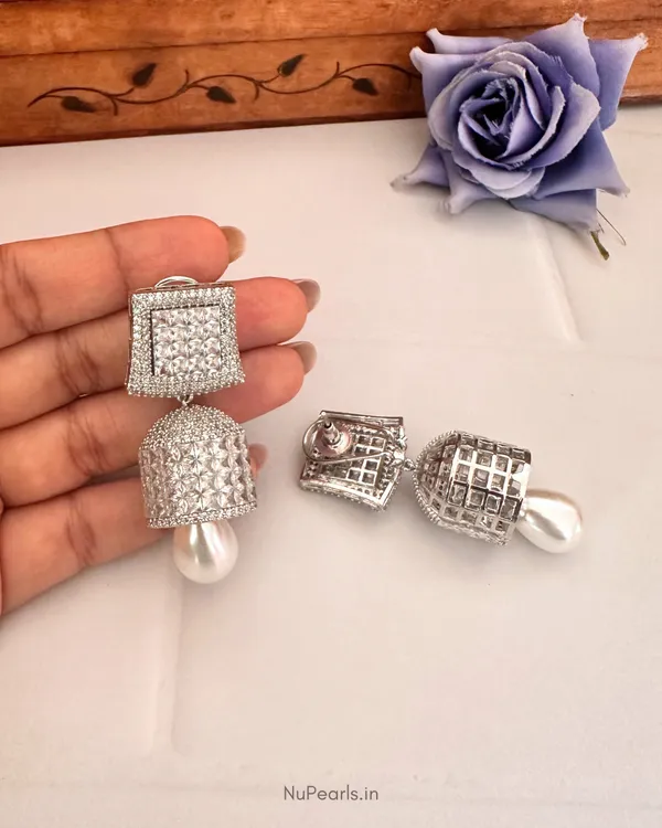 Silver_Remy_Princess_Cut_CZ_Jhumki_Earrings_With_Pearl_|_Rhodium_Plated