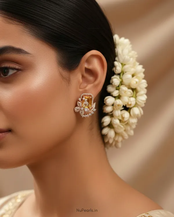Yellow_Floral_Studs_|_18k_Rose_Gold_Plated_CZ_Studded_Party_Earrings