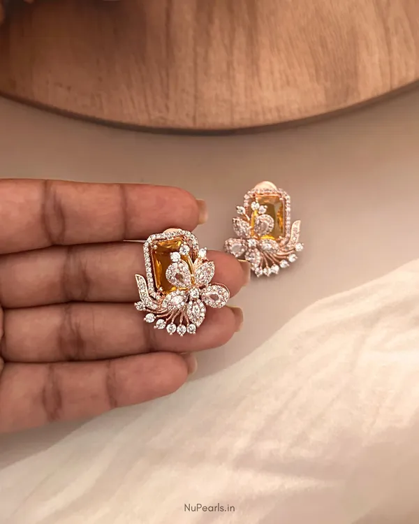 Yellow_Floral_Studs_|_18k_Rose_Gold_Plated_CZ_Studded_Party_Earrings