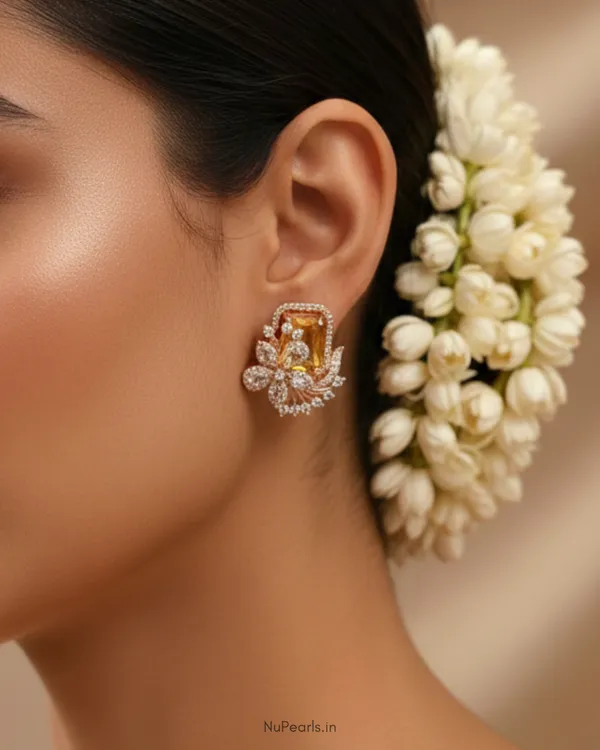 Yellow_Floral_Studs_|_18k_Rose_Gold_Plated_CZ_Studded_Party_Earrings