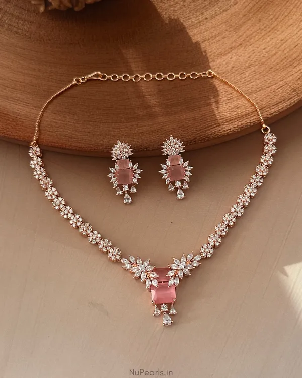 Pink_Tara_Necklace_|18K_Rose_Gold_Plated_American_Diamond_Jewellery_Set_For_Women_With_Earrings