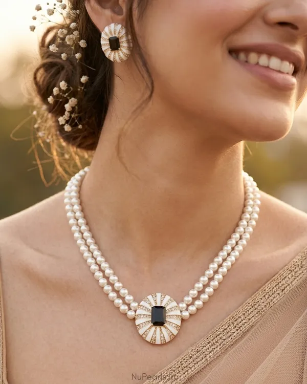 Black_Gold_AD_Ida_Enamel_Pearl_NecklaceWith_AD_Back_Clasp_&_Matching_Earrings_|18k_Gold_Plated