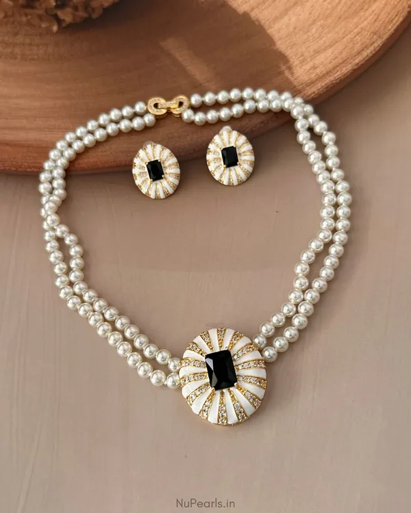 Black_Gold_AD_Ida_Enamel_Pearl_NecklaceWith_AD_Back_Clasp_&_Matching_Earrings_|18k_Gold_Plated