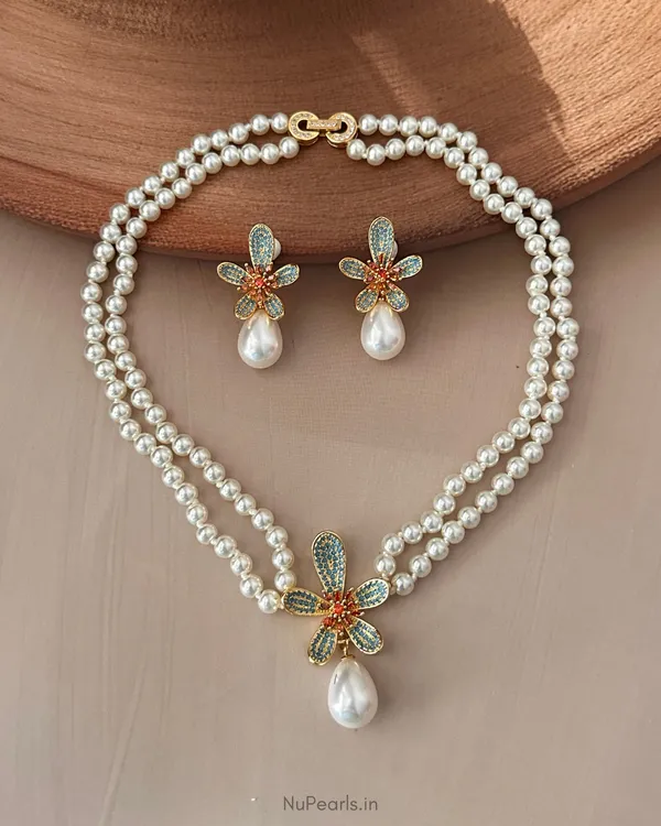 Blue_Kimi_AD_Pearl_Necklace_With_AD_Back_Clasp_&_Matching_Earrings_|18K_Gold_Plated