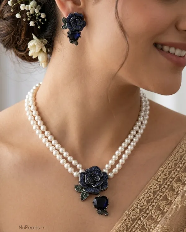 Blue_Rose_Pearl_Necklace_With_AD_Back_Clasp_&_Matching_Earrings_|Black_Polish