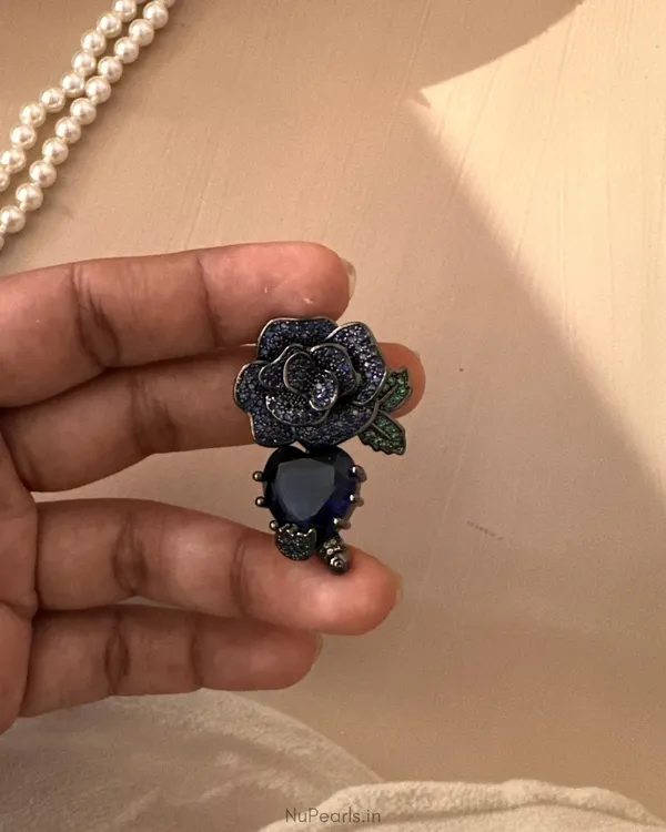 Blue_Rose_Pearl_Necklace_With_AD_Back_Clasp_&_Matching_Earrings_|Black_Polish