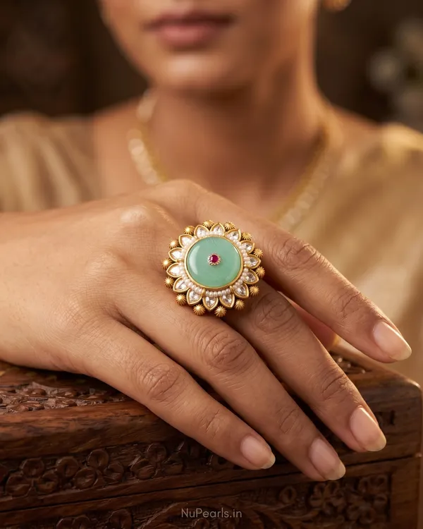 Ketaki_Antique_Gold_Mint_Green_Stone_Temple_Style_Elegant_Floral_Ring_(Adjustable_for_Women)