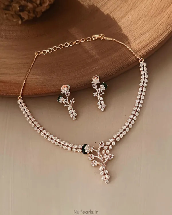 Green_Lia_Necklace|18K_Rose_Gold_Plated_American_Diamond_Jewellery_Set_For_Women_With_Earrings