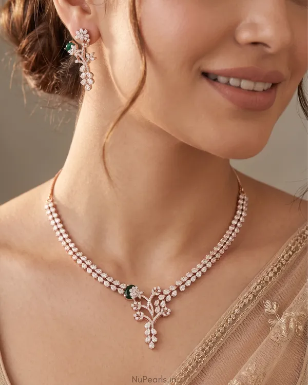 Green_Lia_Necklace|18K_Rose_Gold_Plated_American_Diamond_Jewellery_Set_For_Women_With_Earrings