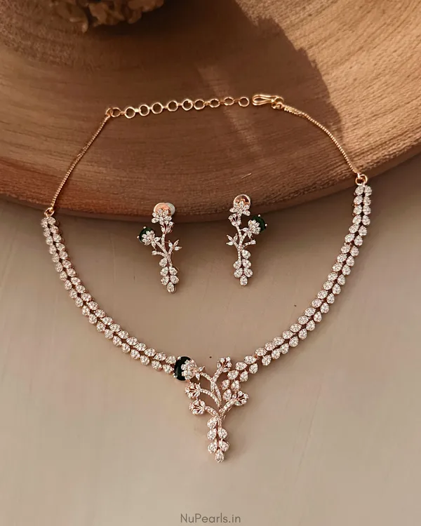 Green_Lia_Necklace|18K_Rose_Gold_Plated_American_Diamond_Jewellery_Set_For_Women_With_Earrings