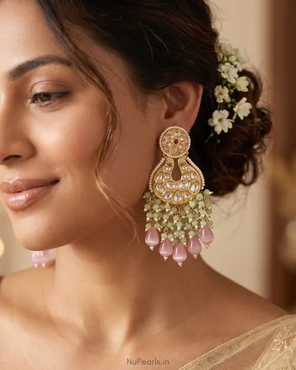 Pink_Green_Polki_Sanam_Chandbalis_with_Ear_Chain_|18K_Gold_Plated_Earrings