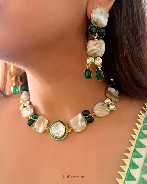 Emerald_Green_Moissanite_&_Mother_Of_Pearl_Choker|Zelzah_Handmade_18K_Gold_Plated_Necklace_Set