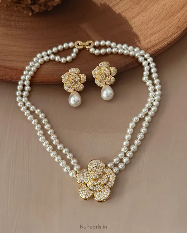 Gold_Cara_AD_Pearl_Necklace_With_AD_Back_Clasp_&__Earrings_|18K_Gold_Plated