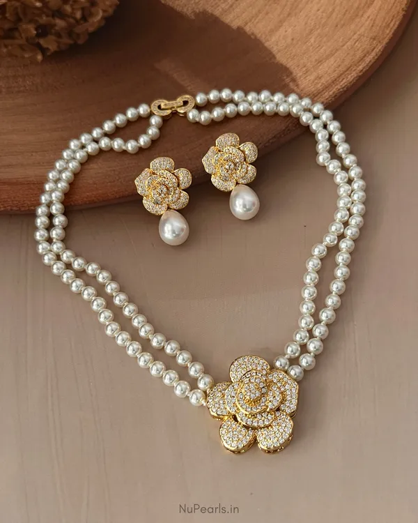 Gold_Cara_AD_Pearl_Necklace_With_AD_Back_Clasp_&__Earrings_|18K_Gold_Plated
