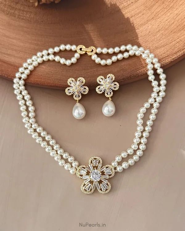 Gold_Claire_AD_Baguette_Pearl_Necklace_With_AD_Back_Clasp_&__Earrings_|18K_Gold_Plated